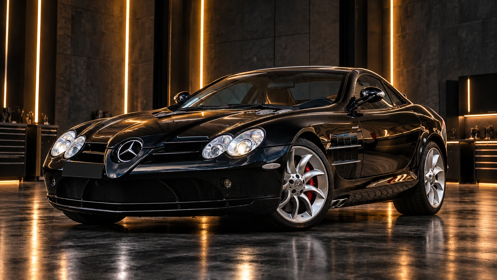 Čierny Mercedes-Benz SLR v tmavej industriálnej dielni