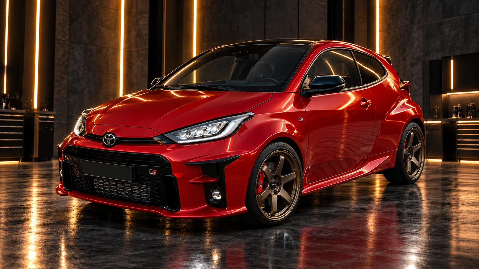 Červený Toyota GR Yaris v dielni LOWRAVEN